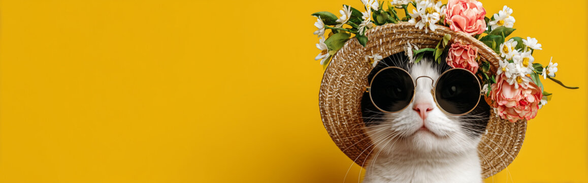 Stylish cat in floral hat and sunglasses on yellow background &ndash; wide summer banner for web or social media