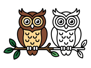 A colorful cartoon owl and its black and white outline sit on a tree branch with green leaves.