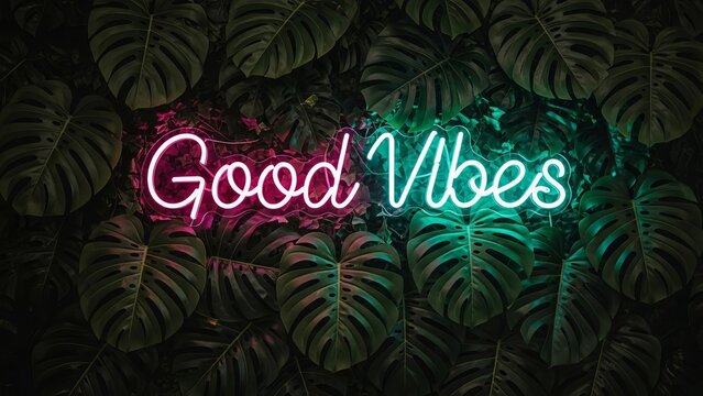Neon sign saying good vibes glowing against dark tropical monstera leaf background