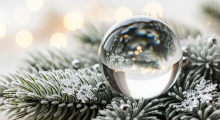 Crystal ball on frosted pine branches with bokeh background.