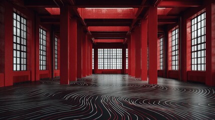 A vibrant, modern interior featuring red columns, intricate patterned flooring, and large windows, creating an artistic and dynamic atmosphere.