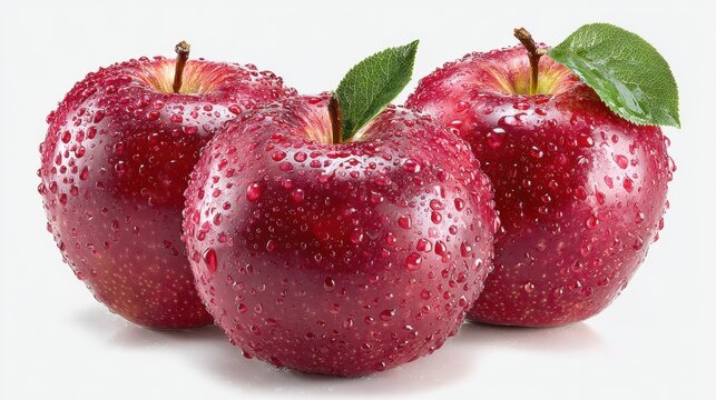 Three vibrant red apples glistening with fresh water droplets