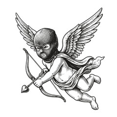 Obraz premium Vintage Cupid with Balaclava Brutal Vector Art