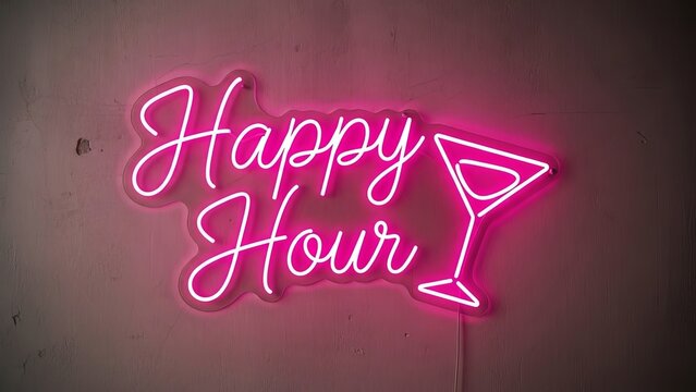 Pink neon sign displaying the words happy hour next to a glass