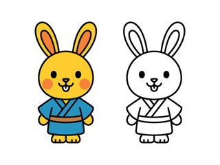 A colorful cartoon bunny wearing a blue robe stands next to its black and white outline version, ready for coloring.