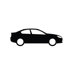 Black silhouette of a sedan car on white background