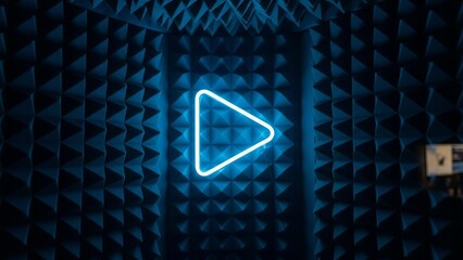 Neon blue play button glowing against dark acoustic foam wall background
