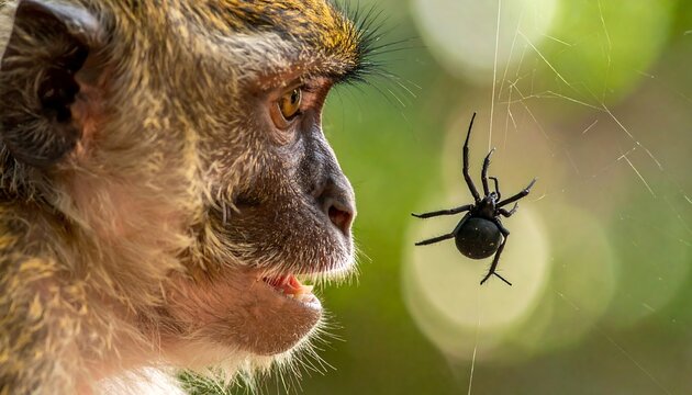 Curious monkey looking at a black spider hanging in a web against a bright, out-of-focus green and white background