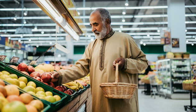 Elderly Man Choosing Fresh Fruits in Grocery Store Produce Aisle