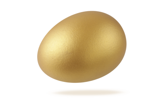 Painted in golden color one natural easter chicken egg flying isolated on white background. Happy Easter spring decoration.
