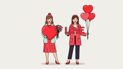 Flat vector illustration of two smiling women standing together on a bright background celebrating Valentine's Day. Concept of friendship, Valentine's Day celebration, and happiness.