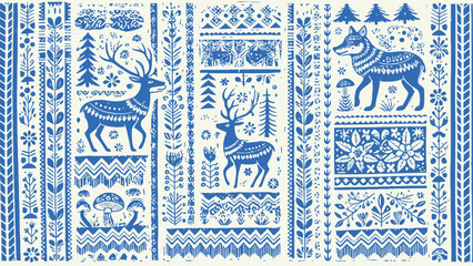 Blue and white folk art pattern featuring deer, wolf, trees, flowers, and geometric designs in vertical bands