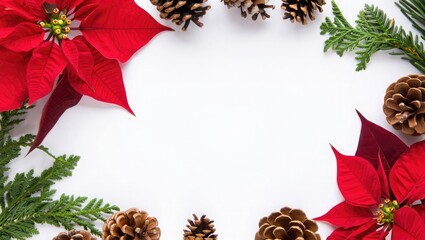 Red poinsettia flowers and pine cones border Christmas
