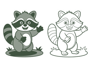 A friendly cartoon raccoon, one colored and one outlined, waves hello while standing on grass.