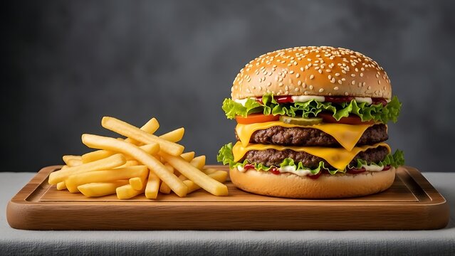 Delicious Double Burger and Fries Meal on Wooden Board - Powered by Adobe