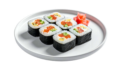 Plate of sushi rolls with salmon, cucumber, and pickled ginger