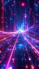 Dazzling perspective of glowing neon lines, curves, and orbs against a dark void, creating a futuristic and energetic space