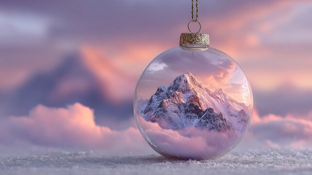 A clear Christmas ornament containing a miniature snowy mountain landscape at sunset/sunrise, resting on snow. Perfect for holiday travel, nature, winter, or festive greeting blogs and sites.