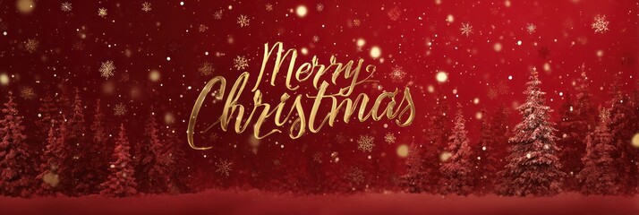 Festive merry christmas golden text on red background with falling snow