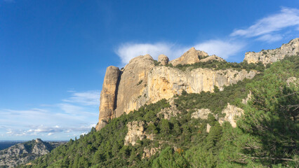 View of a tall rocky mountain with trees under a blue sky on a bright sunny day in the countryside