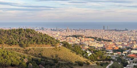 Panoramic view of barcelona cityscape from a hillside with trees and the mediterranean sea on horizon