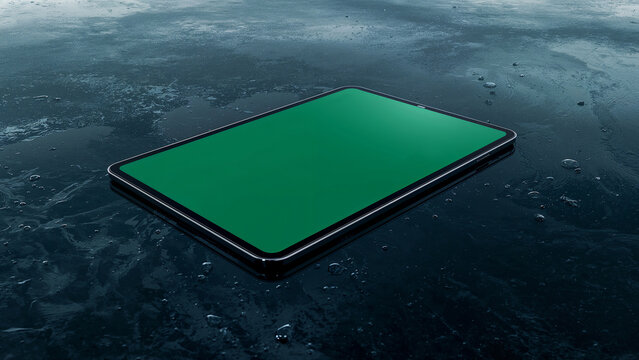 Digital Tablet with Green Screen Display Floating on a Dark, Wet Surface