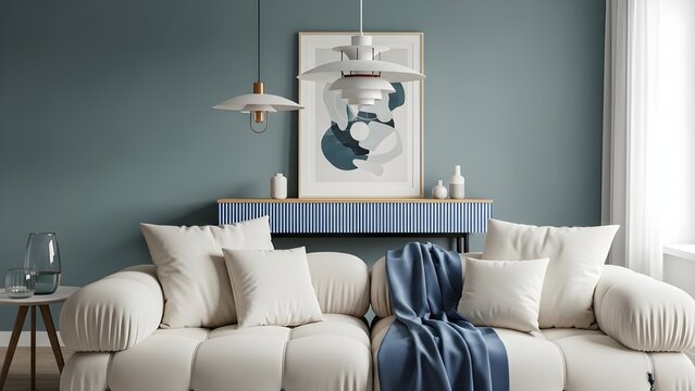 Cozy living room interior with neutral sofa throw blanket artwork and blue accent wall