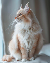 Soft portrait of a fluffy light-orange cat sitting by a window. Gentle lighting, detailed fur texture and calm, elegant mood.
