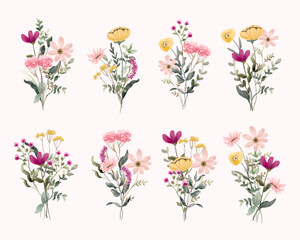 pink yellow wildflower watercolor bouquet collection