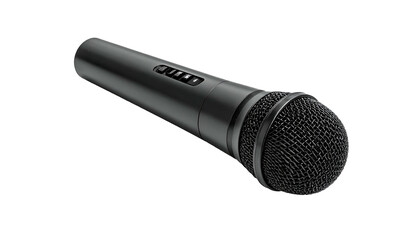 Black, cylindrical microphone with a mesh head on dark background