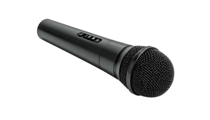 Black, cylindrical microphone with a mesh head on dark background