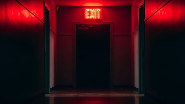 A dimly lit hallway with a glowing red exit sign above a dark doorway - Powered by Adobe