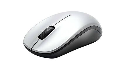 Computer mouse with scroll wheel on black background, angled view