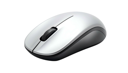 Computer mouse with scroll wheel on black background, angled view