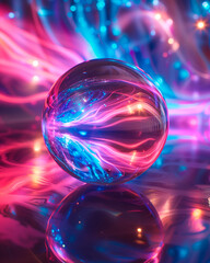 Glass orb reflecting vibrant neon lights in pink, blue and purple. Futuristic, dreamy abstract scene with glowing energy streams.