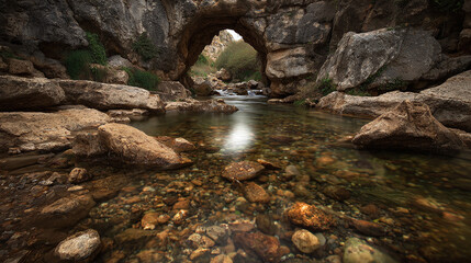 A scenic view of a natural stone bridge arching over a tranquil stream. The scene is of a natural stone bridge arching over a tranquil stream