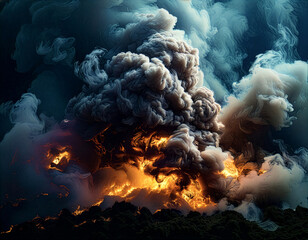 Dramatic Explosion with Heavy Smoke and Fire Glow