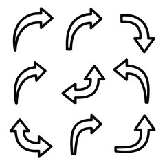 Collection of nine different curved arrow icons in black and white outline
