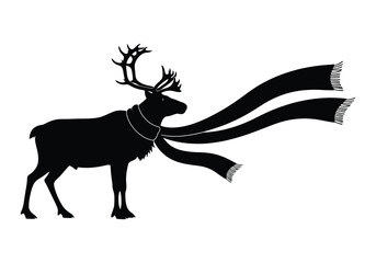 A black silhouette of a reindeer wearing a scarf blowing in the wind against a white background creates a festive and minimalist design