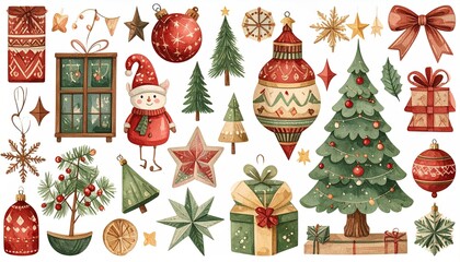 Watercolor Christmas Elements Collection Festive Holiday Decorations Ornaments Gifts Trees.
