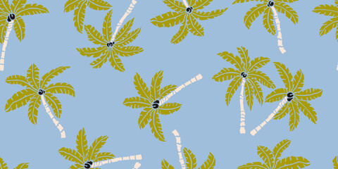 Tropical pattern with freehand drawn palm trees. Hawaii summer background for fabric, textiles, clothing, poster, cover, decoration, banner, wallpaper, interior decor. Vector illustration.