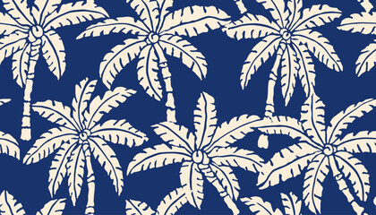 Tropical pattern with freehand drawn palm trees. Hawaii summer background for fabric, textiles, clothing, poster, cover, decoration, banner, wallpaper, interior decor. Vector illustration.
