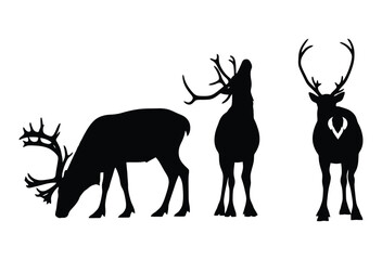 Three reindeer silhouettes are shown in different poses against a white background creating a simple and elegant design