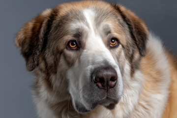 Close-up portrait of an Alabai (Central Asian Shepherd) with expressive eyes and detailed fur texture, neutral background