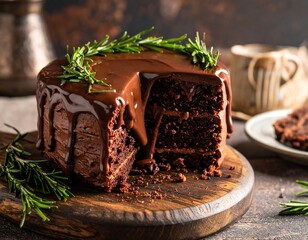 Decadent chocolate cake with ganache drips, served on a wooden board, garnished with rosemary sprigs