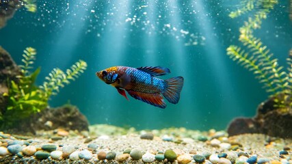 A vibrantly colored fish swims in a well-lit, planted aquarium