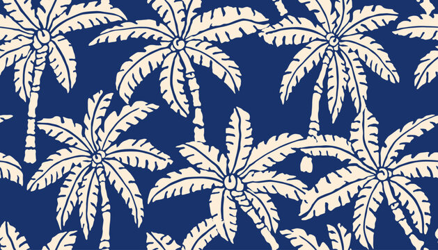 Tropical pattern with freehand drawn palm trees. Hawaii summer background for fabric, textiles, clothing, poster, cover, decoration, banner, wallpaper, interior decor. Vector illustration.
