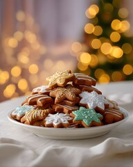 Plate of Star-Shaped Gingerbread Cookies with Christmas Tree Lights Bokeh Background 