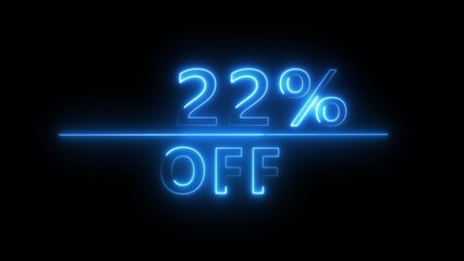 Neon 22% discount offer illustration. Neon percent offer on black background. Neon sale discount offer.