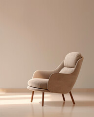 Soft beige armchair in a bright minimalist room with warm sunlight. Cozy, elegant, simple interior aesthetic.